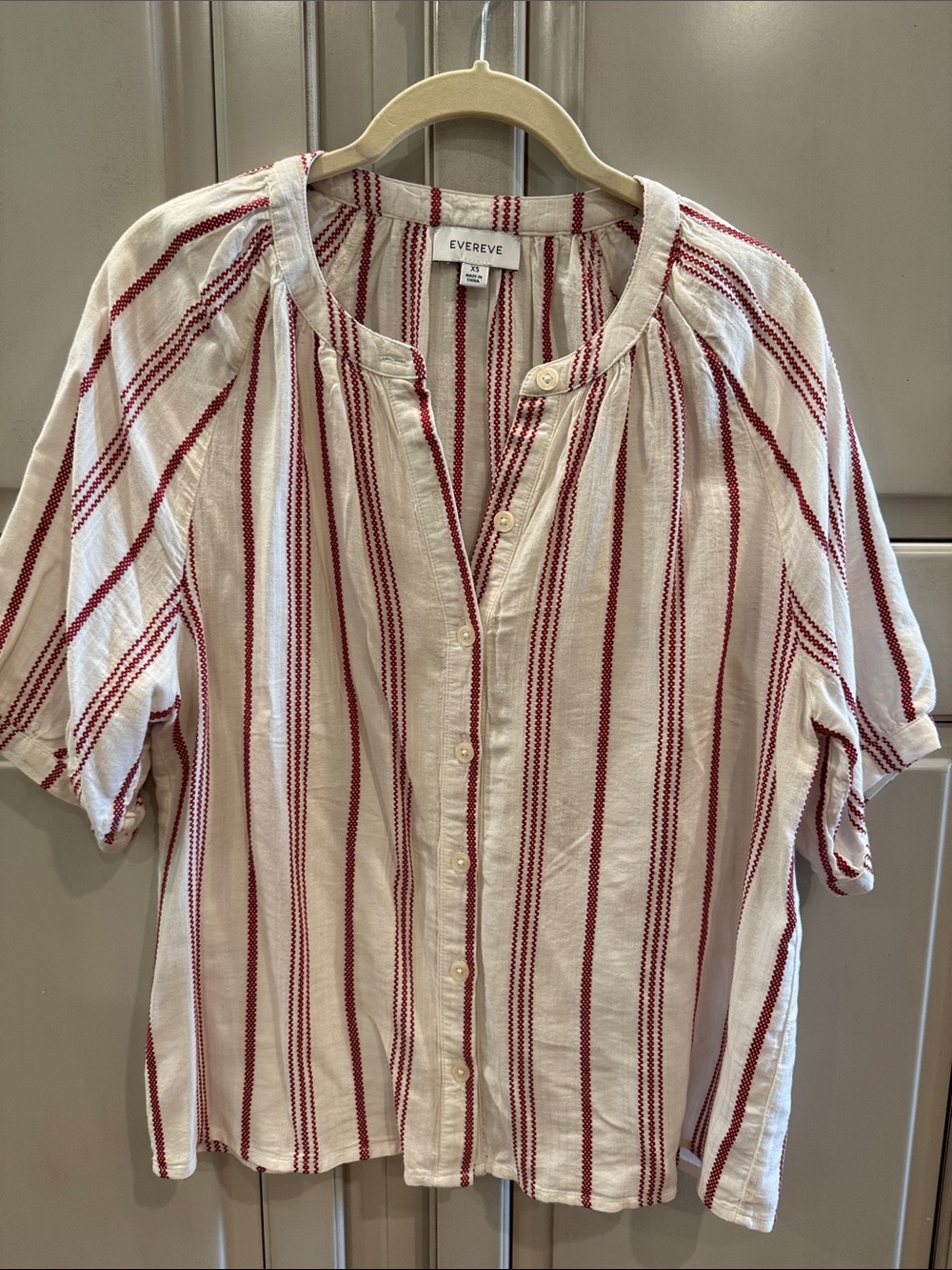 Evereve Cream Blouse with Red Vertical Stripes